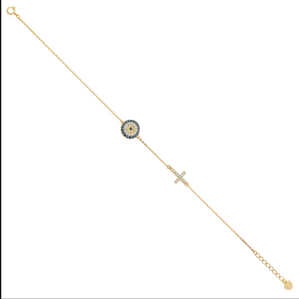 14kt Gold Cz Blue Evil Eye And Cross Bracelet